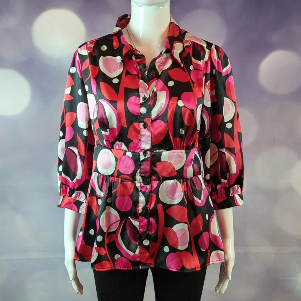 AB Studio 3/4 Sleeve Satin Feel Button Down sz M